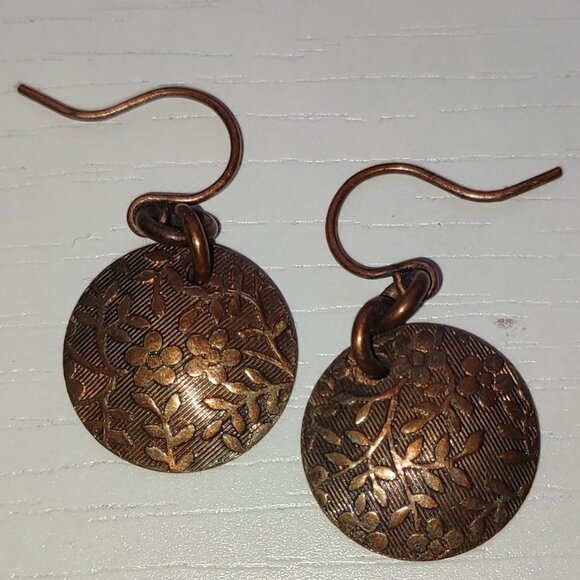 Herbalist Floral Copper Earrings Vintage Dangle Hooks Boho Academia Round - Picture 1 of 4